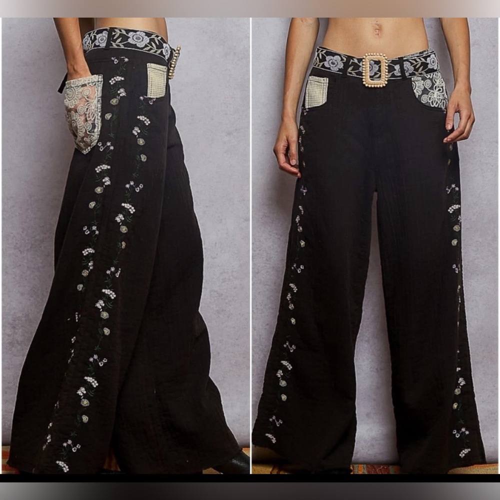 New POL “Woodstock Wallflower” wide leg embroidered pants (new Fall Release!) SM